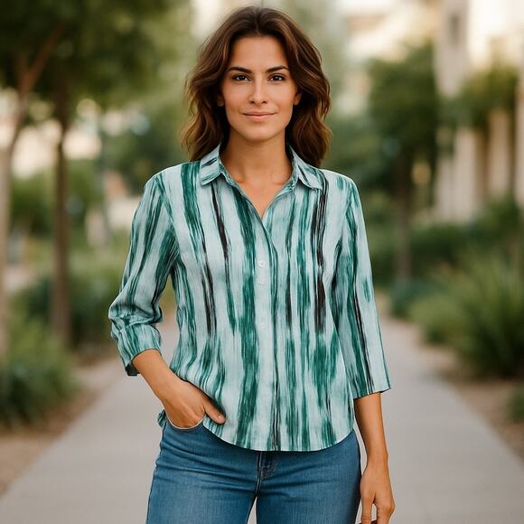 Peck & Peck Linen Button Down Shirt M Green Brush Stroke 3/4 Sleeve - Picture 1 of 6